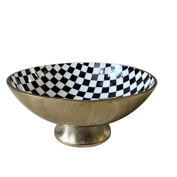 Black & White Checkered Enameled Gold Metal Bowl 10" Made in India NEW - Picture 2 of 16